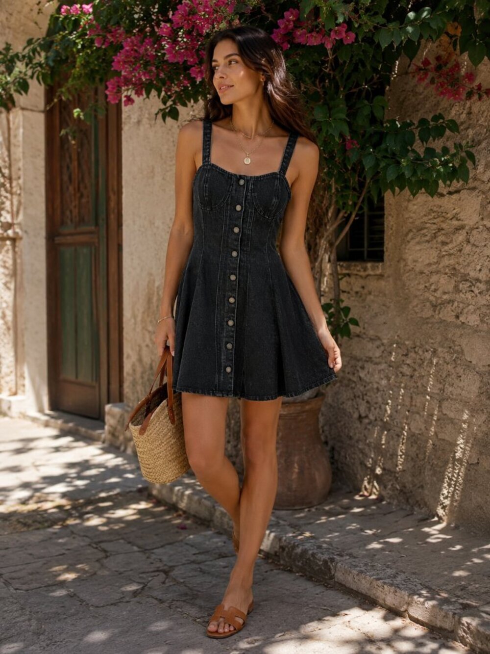 En Saison Cyprus Casual Denim Overall Mini Dress Washed Black